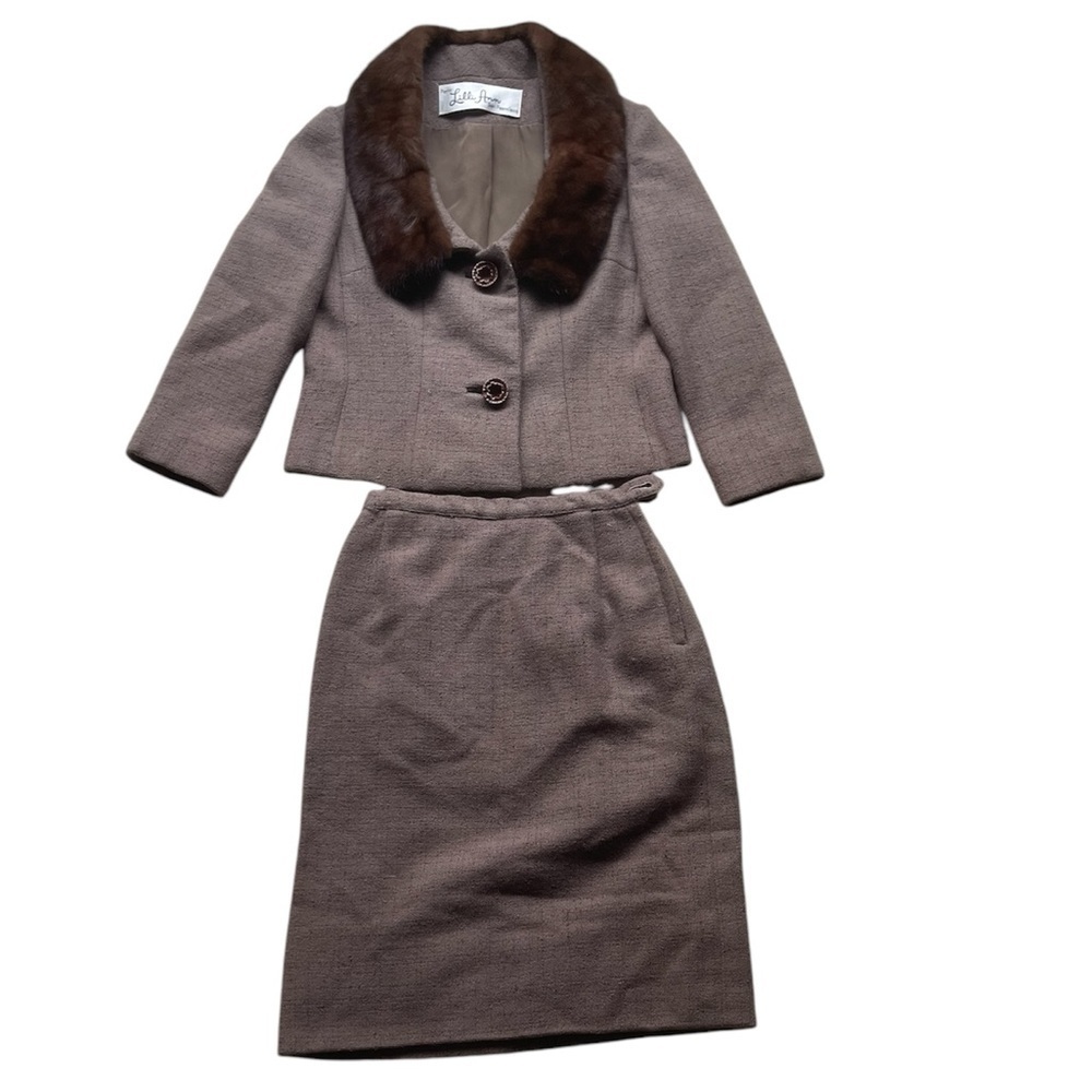 Vintage Women’s Lilli Ann Brown Wool Skirt Suit Set Fur Collar Fits XS